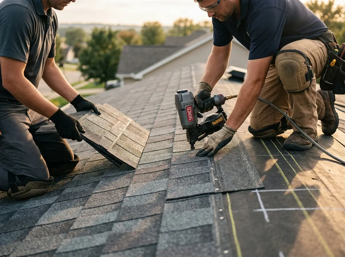 Professional roofer working on a residential roof in Purcellville